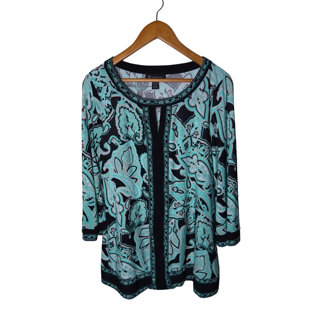 INC International Concepts Paisley Tunic Top Aqua Black Rhinestone Size M